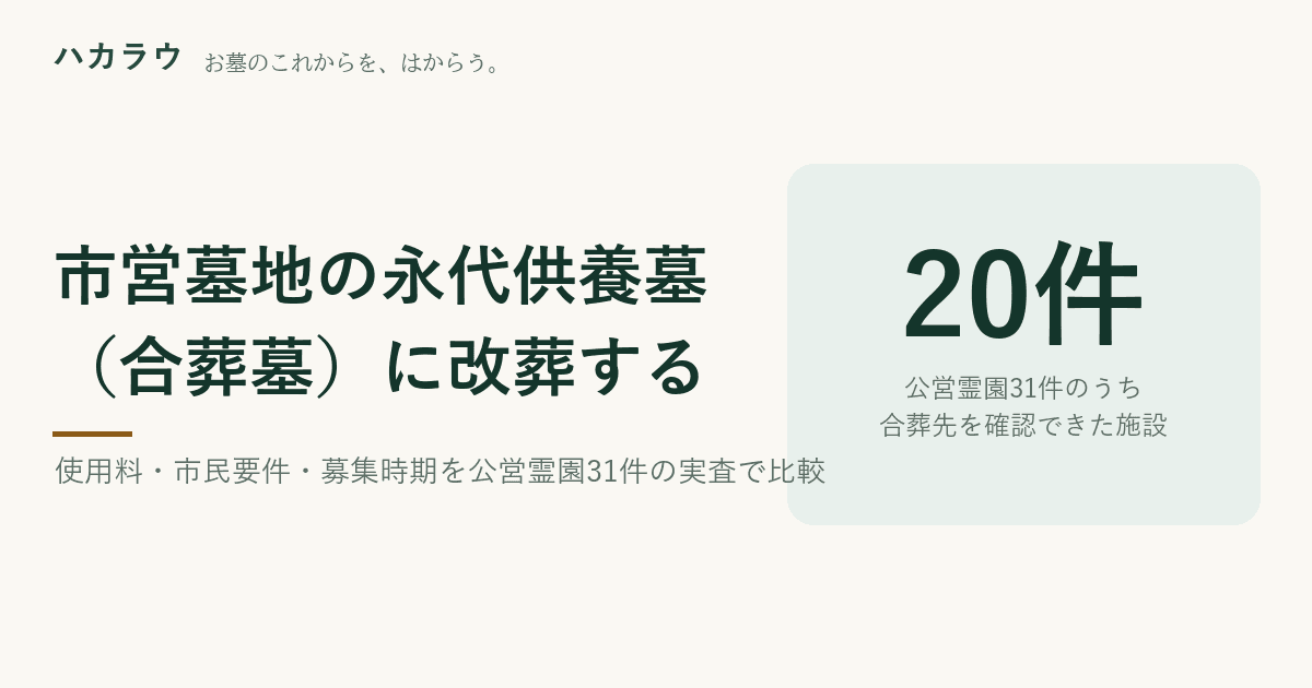 市営墓地の永代供養墓(合葬墓)に改葬する|公営霊園31件のうち合葬先を確認できた20件。使用料は1体9,100円(札幌市)から
