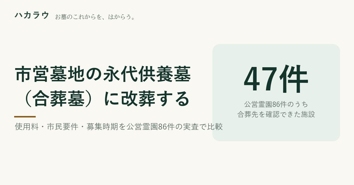 市営墓地の永代供養墓(合葬墓)に改葬する|公営霊園90件のうち合葬先を確認できた49件。使用料は1体9,100円(札幌市)から