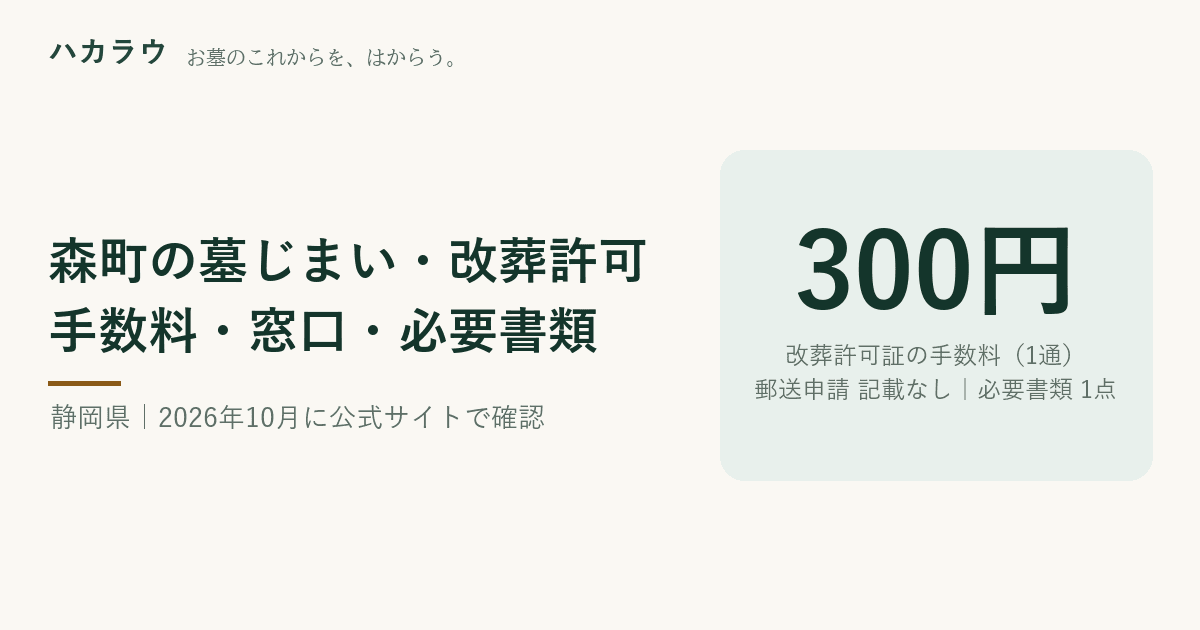 森町の墓じまい・改葬許可|改葬許可証の手数料 300円・郵送申請 公式記載なし・必要書類 1点(2026年10月4日確認)