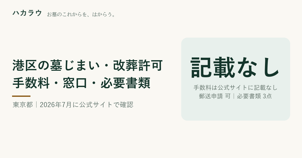 港区の墓じまい・改葬許可|改葬許可証の手数料 公式記載なし・郵送申請 可・必要書類 3点(2026年7月29日確認)