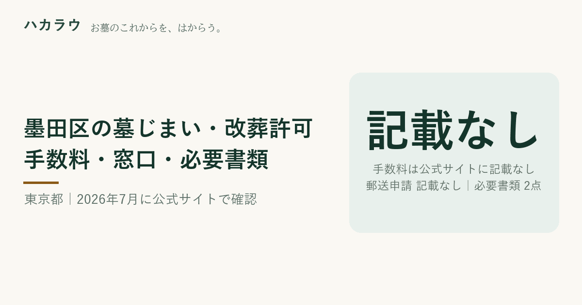 墨田区の墓じまい・改葬許可|改葬許可証の手数料 公式記載なし・郵送申請 公式記載なし・必要書類 2点(2026年7月29日確認)