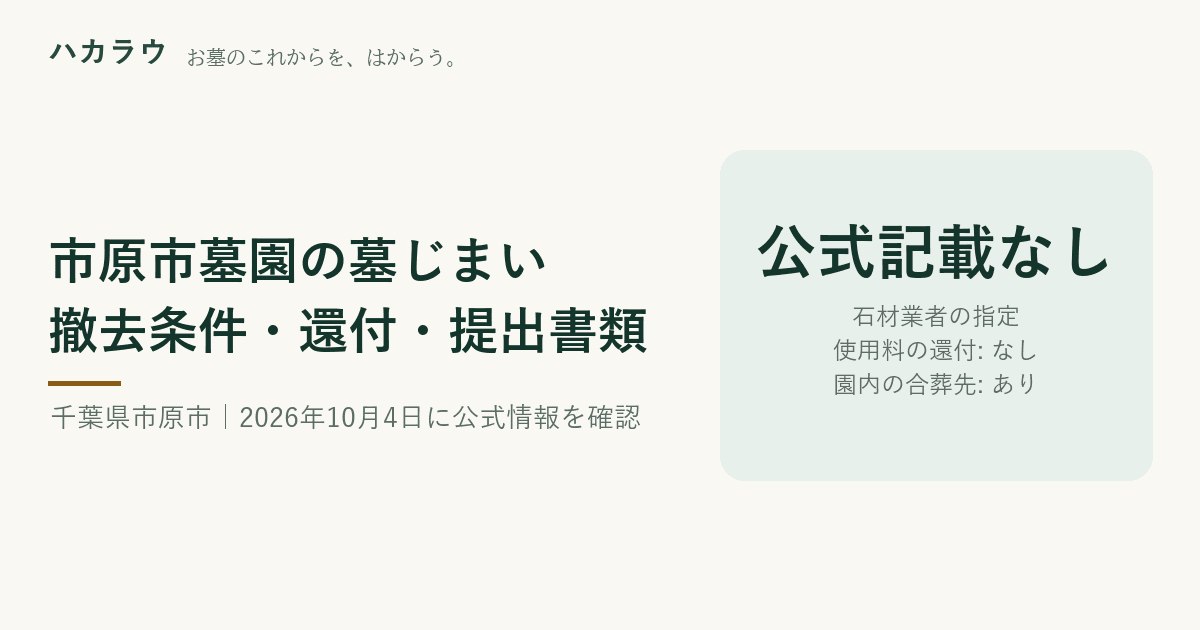 市原市墓園の墓じまい|石材業者の指定 公式記載なし・使用料の還付 なし・園内の合葬先 あり(2026年10月4日確認)