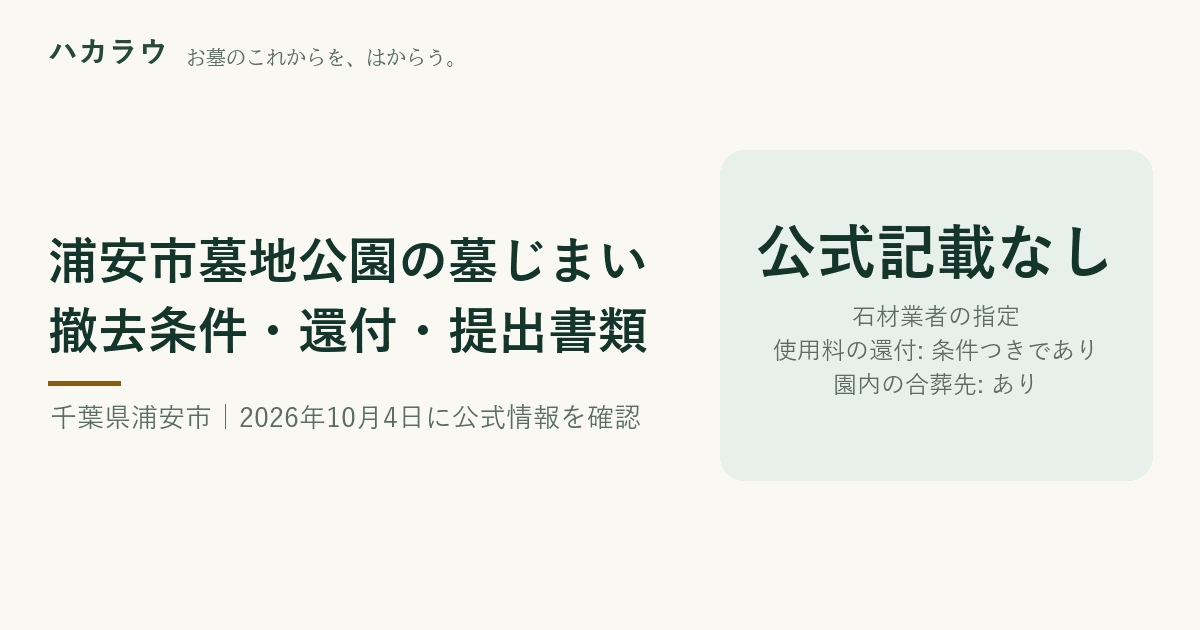 浦安市墓地公園の墓じまい|石材業者の指定 公式記載なし・使用料の還付 条件つきであり・園内の合葬先 あり(2026年10月4日確認)