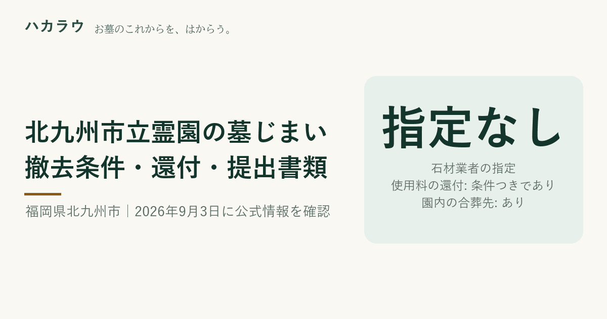 北九州市立霊園の墓じまい|石材業者の指定 指定なし・使用料の還付 条件つきであり・園内の合葬先 あり(2026年9月3日確認)