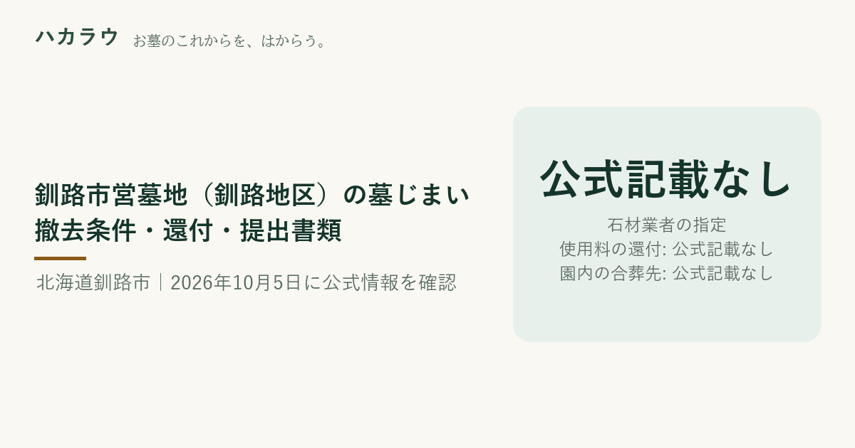 釧路市営墓地(釧路地区)の墓じまい|石材業者の指定 公式記載なし・使用料の還付 公式記載なし・園内の合葬先 公式記載なし(2026年10月5日確認)