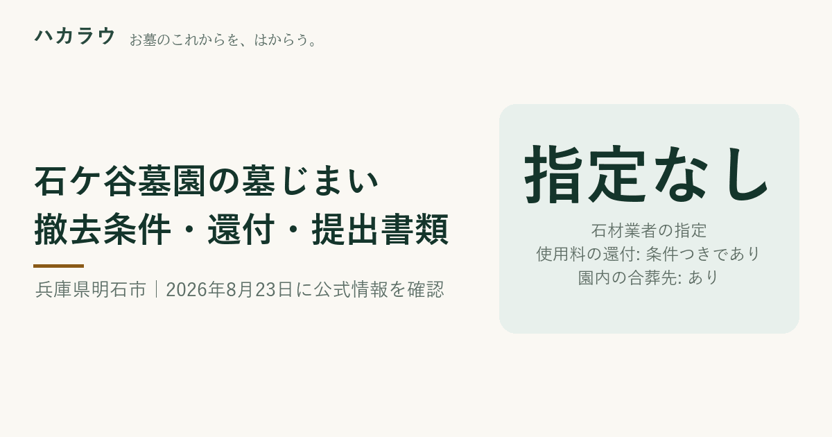 石ケ谷墓園の墓じまい|石材業者の指定 指定なし・使用料の還付 条件つきであり・園内の合葬先 あり(2026年8月23日確認)