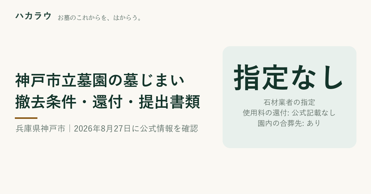 神戸市立墓園の墓じまい|石材業者の指定 指定なし・使用料の還付 公式記載なし・園内の合葬先 あり(2026年8月27日確認)