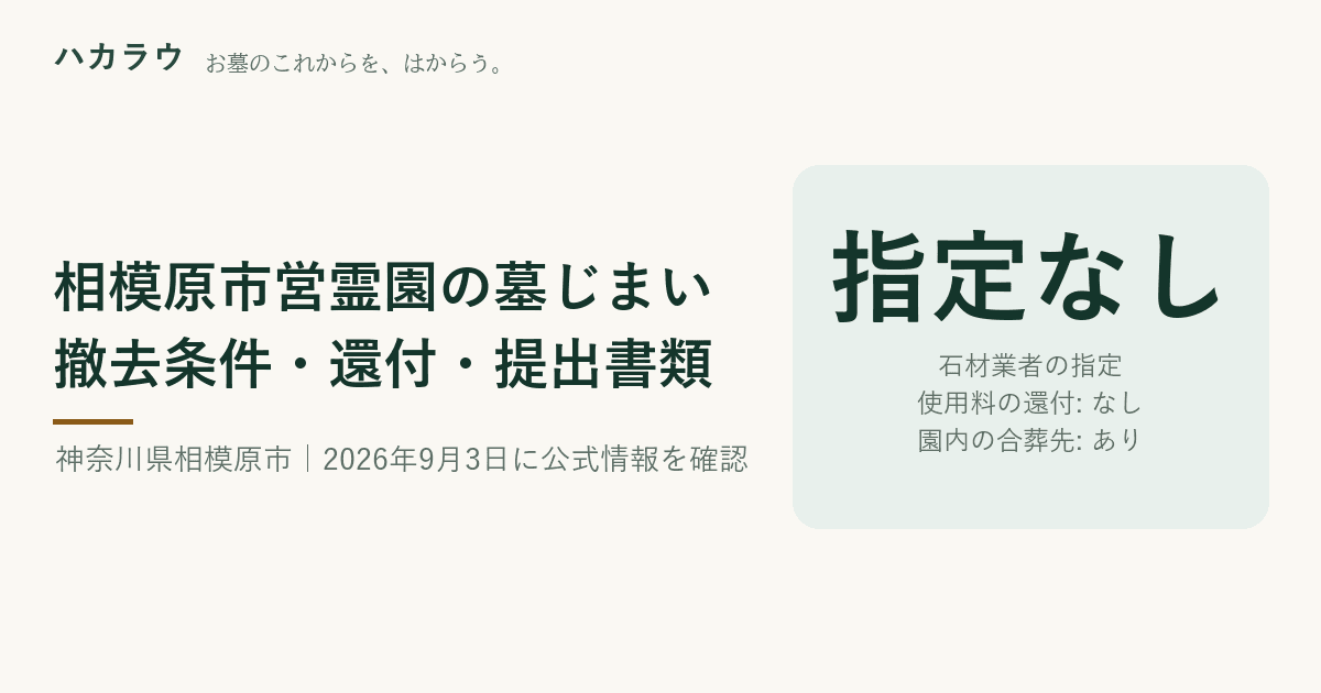 相模原市営霊園の墓じまい|石材業者の指定 指定なし・使用料の還付 なし・園内の合葬先 あり(2026年9月3日確認)