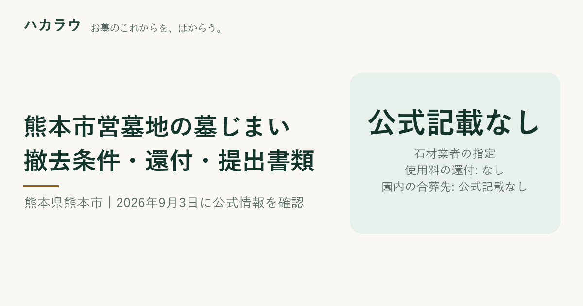 熊本市営墓地の墓じまい|石材業者の指定 公式記載なし・使用料の還付 なし・園内の合葬先 公式記載なし(2026年9月3日確認)