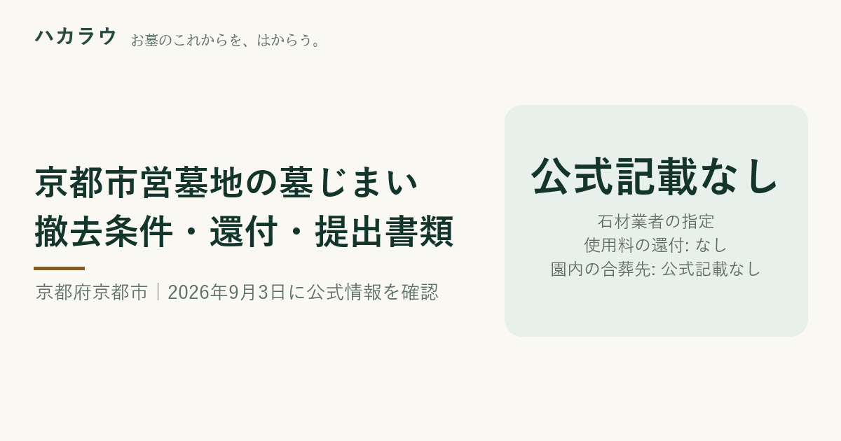 京都市営墓地の墓じまい|石材業者の指定 公式記載なし・使用料の還付 なし・園内の合葬先 公式記載なし(2026年9月3日確認)