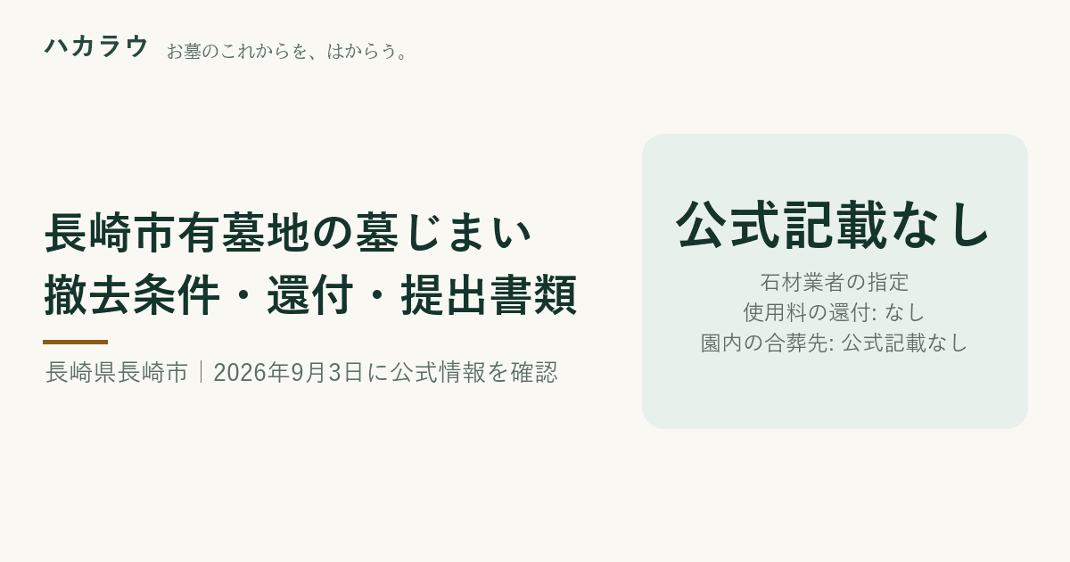長崎市有墓地の墓じまい|石材業者の指定 公式記載なし・使用料の還付 なし・園内の合葬先 公式記載なし(2026年9月3日確認)