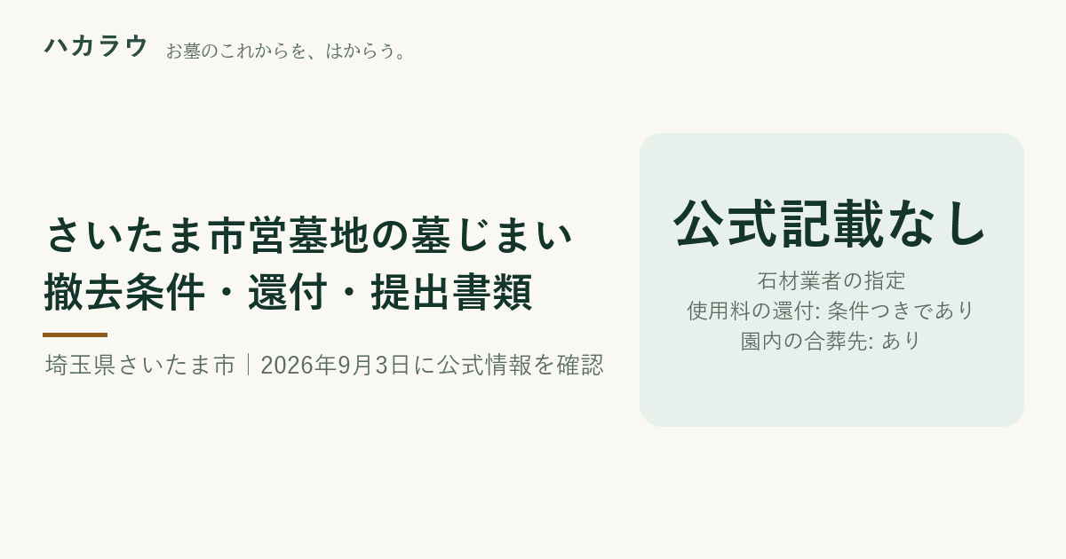 さいたま市営墓地の墓じまい|石材業者の指定 公式記載なし・使用料の還付 条件つきであり・園内の合葬先 あり(2026年9月3日確認)