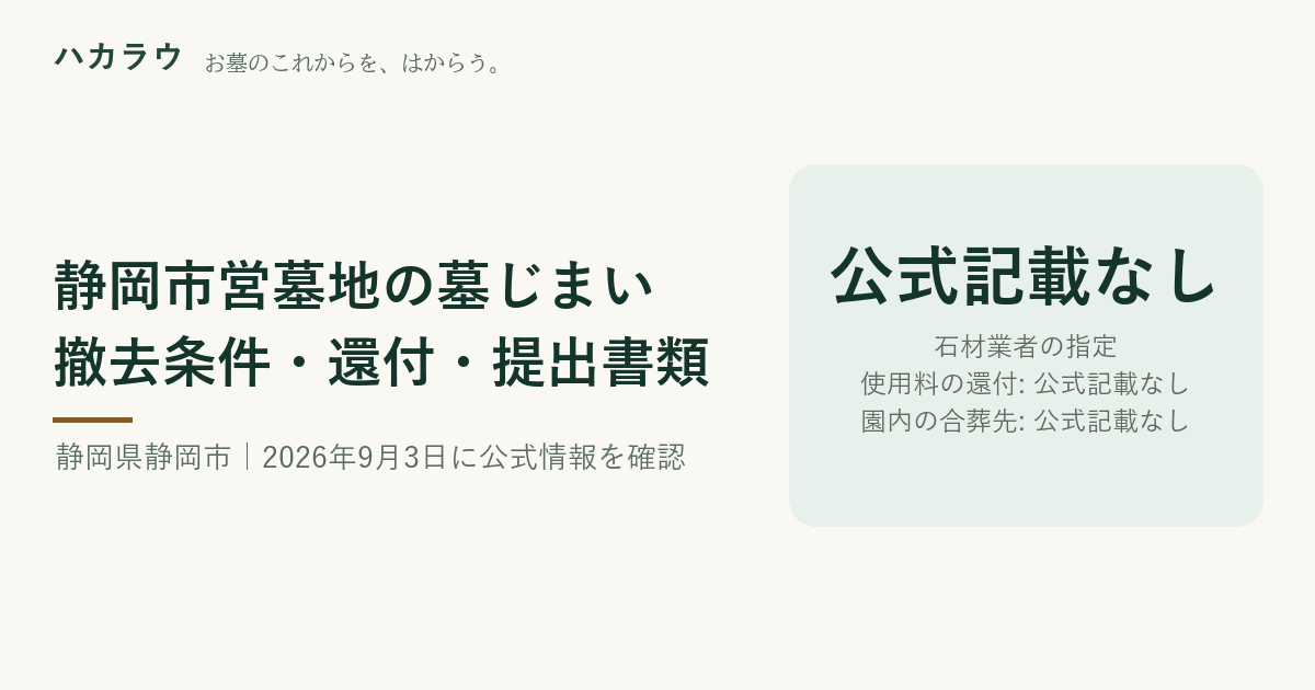 静岡市営墓地の墓じまい|石材業者の指定 公式記載なし・使用料の還付 公式記載なし・園内の合葬先 公式記載なし(2026年9月3日確認)