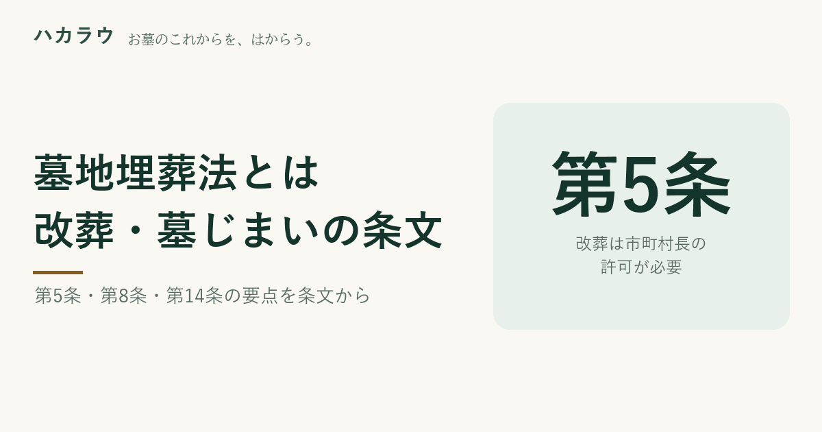 墓地埋葬法(墓埋法)とは|改葬は第5条で市町村長の許可制。管理者の証明を必要書類に挙げる自治体は実査146件中118件