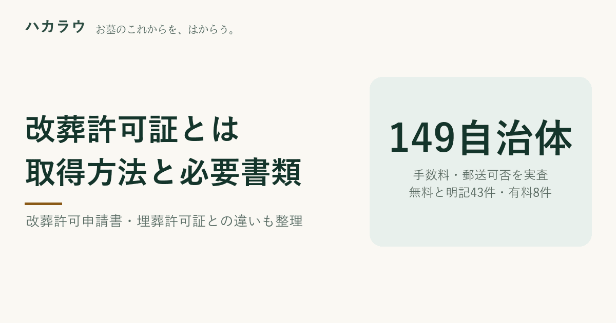 改葬許可証とは。取得方法と必要書類|当サイトが実査した149自治体のうち手数料を無料と明記していたのは44件