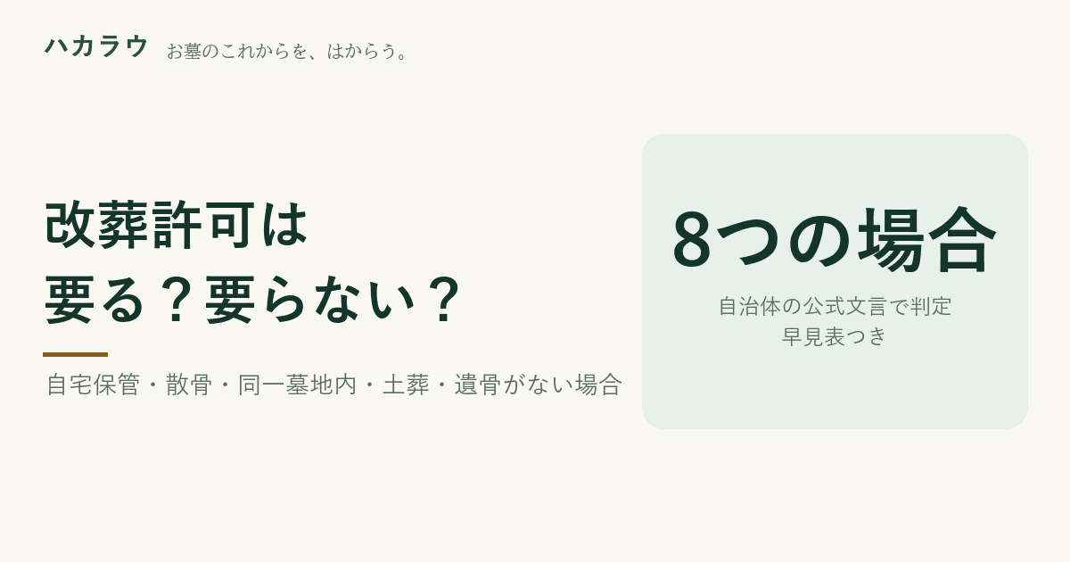 改葬許可は要る?要らない?自宅保管・散骨・同一墓地内・土葬・遺骨がない場合など8つの場合を、法律の定義と自治体の公式文言で判定する早見表