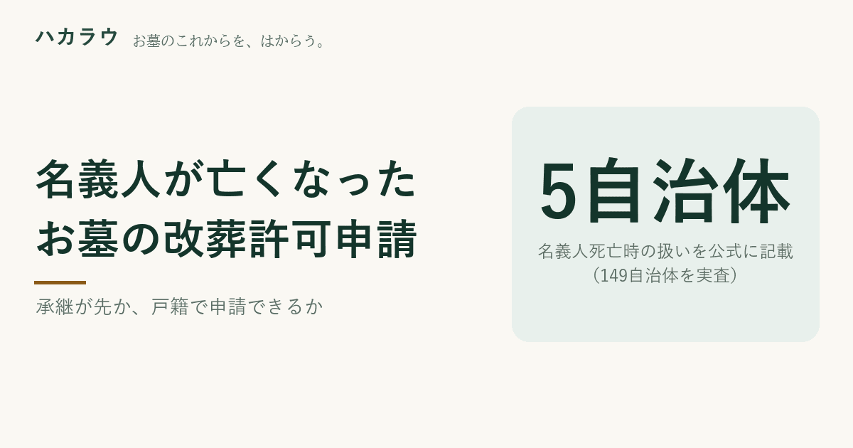 お墓の名義人が亡くなっている場合の改葬許可申請。承継(名義変更)が先か、承諾書の代わりに戸籍で足りるかを、実査149自治体のうち扱いを公式に書いていた5自治体の文言で整理する図版