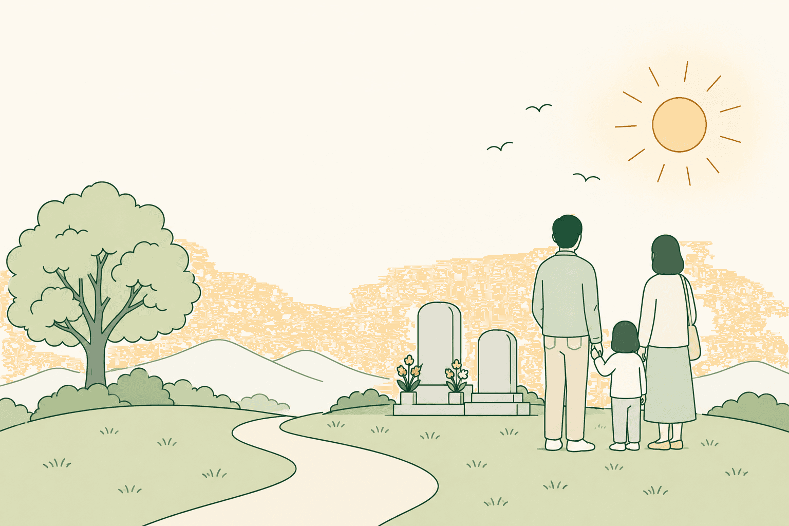 朝の光のなか、家族がお墓の前に並んで立っているイラスト